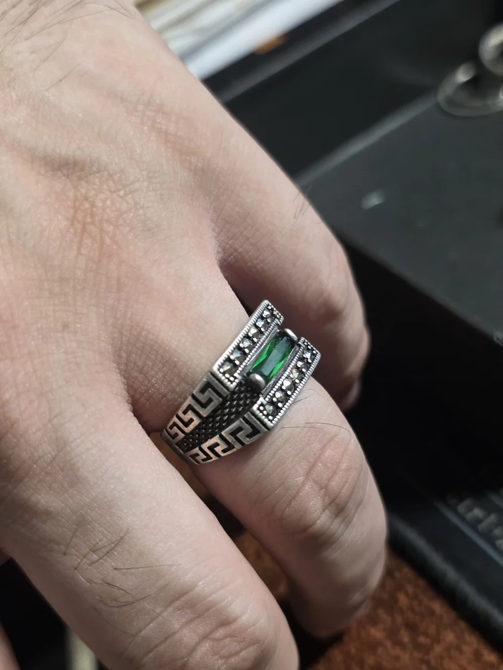 Sterling Silver Green Stone Marcasite Ring - Women's Jewelry